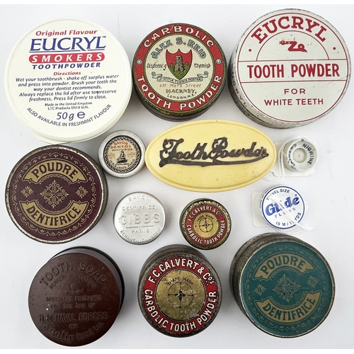 36 - TOOTH POWDER TINS GROUP. Largest 3.25ins. Various designs/ companies. Some contents. Worn. (13)