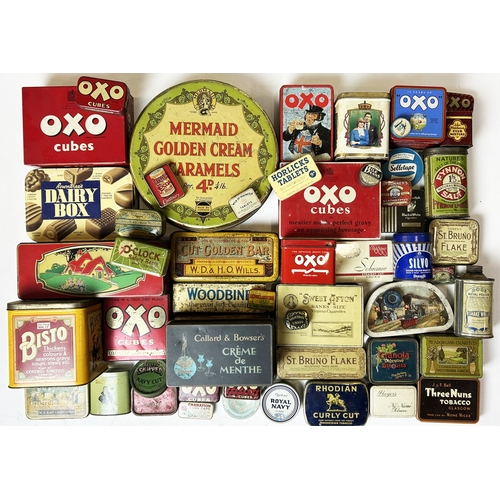 46 - TINS GROUP. Various. Inc. Bisto, Oxo, Silvo, chocolates, cigarettes etc. Worn. (52)