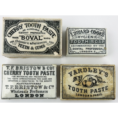 60 - LONDON POT LID GROUP. Largest 3.25ins. Inc. CHERRY TOOTH PASTE & TOOTH SOAP. All damaged. (4)