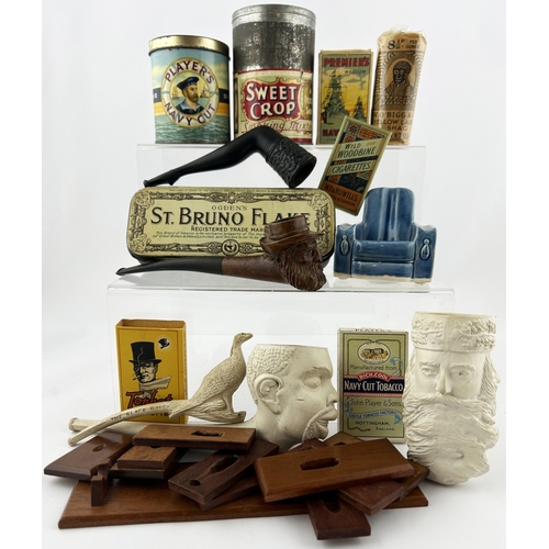 66 - SMOKING GROUP. Largest 8.5ins. Inc. Pipes, tins, packets etc. Worn/ damaged. (15)