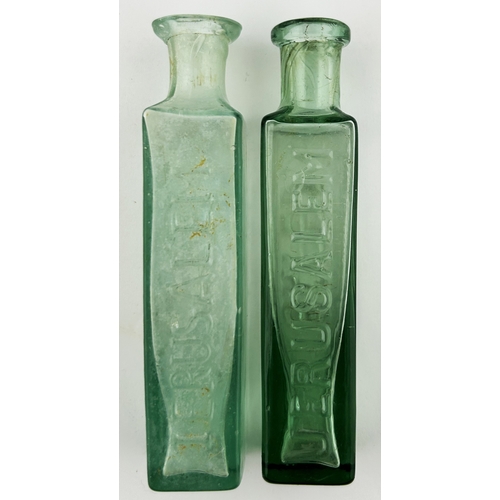 74 - A SAFED JERUSALEM BOTTLE DUO. Tallest 4ins. One aqua, other with sickening. Embossed A SAFED/ JERUSA... 