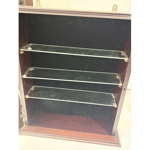 165 - WALL MOUNTED FRONT LOADING CABINET DUO. 21 x 31.5ins. Dark wood, glass shelves, with keys. (2) 8.75/... 