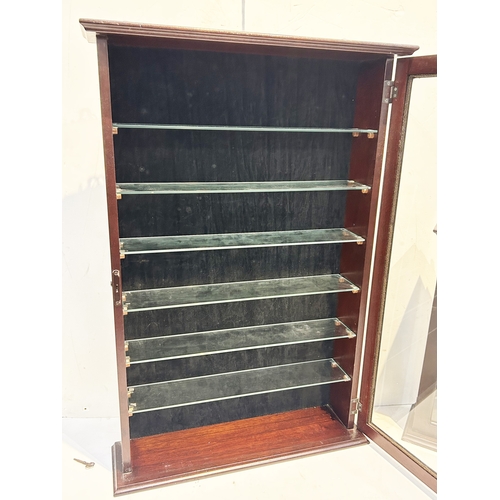 165 - WALL MOUNTED FRONT LOADING CABINET DUO. 21 x 31.5ins. Dark wood, glass shelves, with keys. (2) 8.75/... 