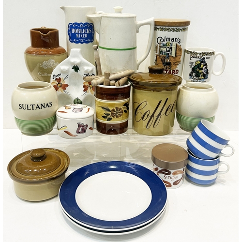 185 - KITCHENALIA GROUP. Largest 8ins. Teapot, jars, cups, plates etc. Damages. (20+) 7/10 Unsuitable for ... 