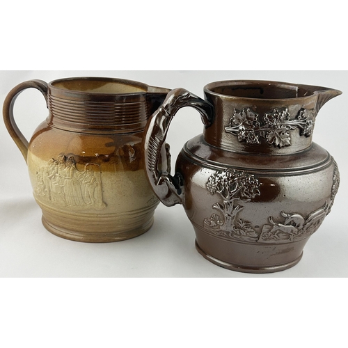 206 - SALT GLAZE JUG DUO. Tallest 8ins. Hunting scene to one, sprigs to other. Chips. (2)