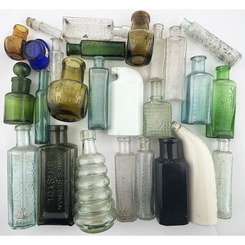 215 - GLASS GROUP. Tallest 5.75ins. Various: Cough Elixir, Boots, chemist, inks, syrups etc. EXc. stall st... 