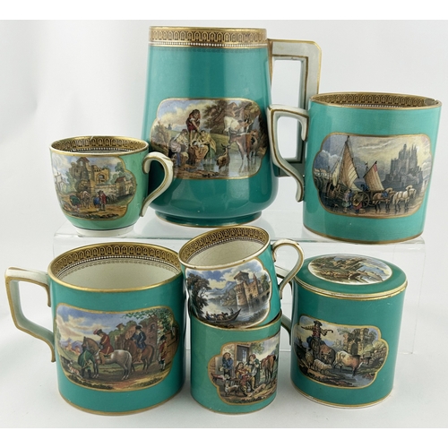 216 - PRATT WARE PART TEA SET. Tallest 6ins. Green with gold trim & multi coloured scenery. Jugs & mugs. D... 