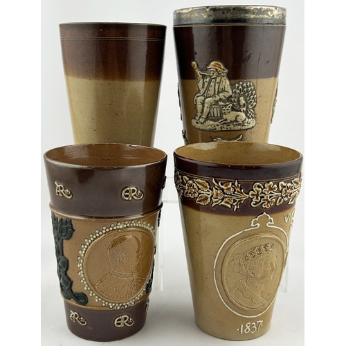 220 - DOULTON LAMBETH BEAKER GROUP. Tallest 5.5ins. Heavily sprigged, hunting scene, Coronation. Chips & h... 