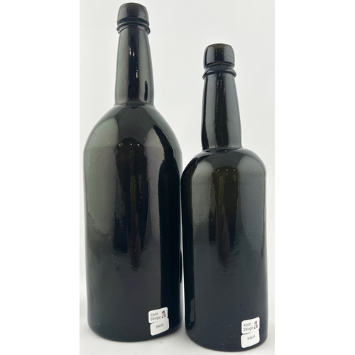 221 - SEALED WINE DUO. Tallest 11.5ins. Black glass seal INNER TEMPLE. Base pontil. Minor nicks. (2)