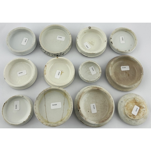 228 - POT LID GROUP. Largest 3.25ins. Various. Mainly black & white: Woods, John Gosnell, Searcys etc. Dam... 