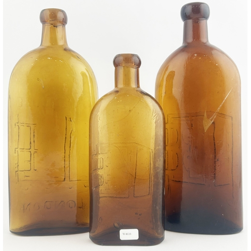 254 - WARNERS TRIO. Tallest 9.5ins. Amber embossed glass. WARNERS/ SAFE CURE/ LONDON x 2 different sizes p... 