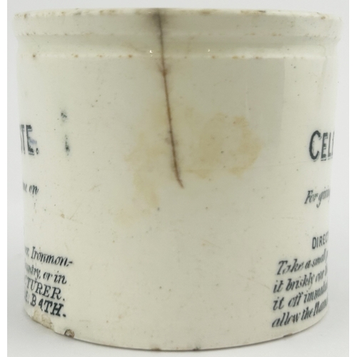 257 - BATH POLISHING PASTE POT. 2.25ins tall. BIDMEADS, several lines of writing. Hairline & chips.