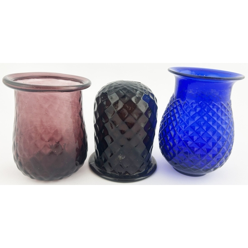 258 - NIGHT LIGHT TRIO. Tallest 4ins. Cobalt blue, dark amber & purple, various patterns. Minor blow hole.... 