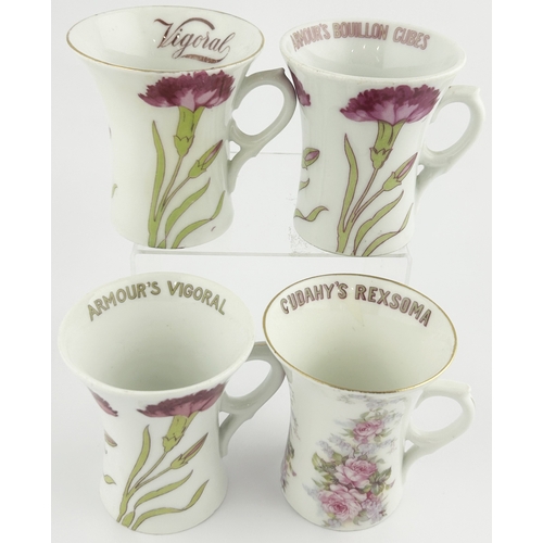 259 - KITCHENALIA CUPS GROUP. 4ins tall. Pink carnation & rose flowers designs. ARMOURS BOUILLON CUBES, AR... 