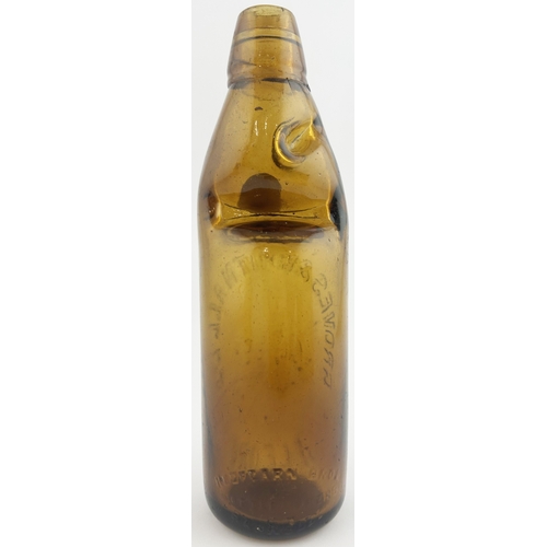 265 - SALFORD CODD BOTTLE. 8.75ins tall. Amber glass, heavily embossed. GROVES & WHITNALL LTD globe t.m. L... 