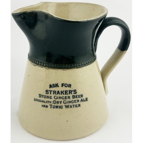 266 - STRAKERS WATER JUG. 5ins tall. Green top, black transfer. Price Bristol base p.m. Lip repair?