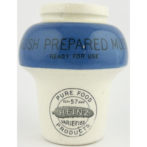 270 - HEINZ ENGLISH MUSTARD JAR. 4ins tall. Blue top, black transfer, double sided.