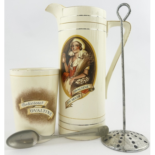 276 - OVALTINE TRIO. Tallest 8ins. Jug mixer, beaker & spoon. Repair & minor nicks. (3)