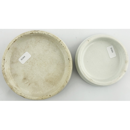 283 - MRS ELLEN HALES POT LID DUO. Largest 4ins. Slight variant. Chips & staining. (2)