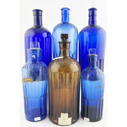 293 - CHEMIST BOTTLE GROUP. Tallest 10.5ins. Some embossed POISON, one with paper label, some stoppers. Bo... 