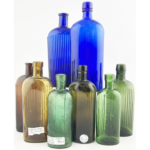 295 - POISON BOTTLE GROUP. Tallest 8.5ins. Green, brown & blue ribbed glass, some embossed BOTTLED BY JEYE... 