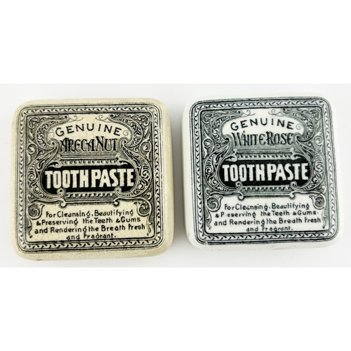 300 - GENUINE TOOTH PASTE POT LID DUO. 2.5ins diam. Square lids, fancy design with writing within. ARECA N... 