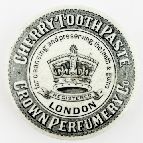 442 - LONDON CHERRY TOOTH PASTE. (APL p282, 109) 2.9ins diam. Black transfer, larger crown pictorial with ... 