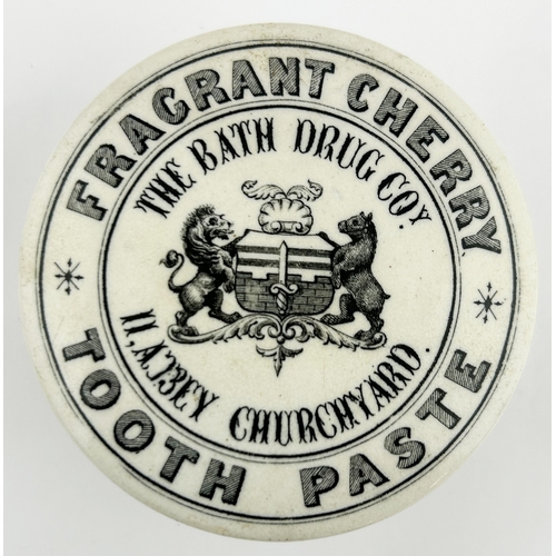 443 - SOMERSET CHERRY TOOTH PASTE POT LID WITH BASE. (APL p561, 4) 3ins diam. Nice clean black transfer, l... 