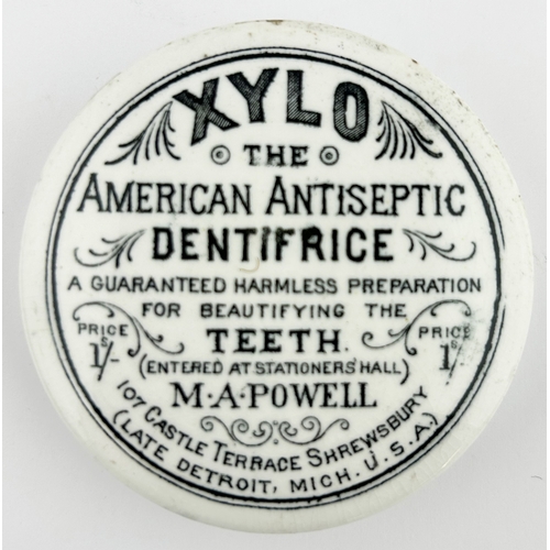 445 - AMERICAN POT LID. 2.9ins diam. Strong black transfer XYLO/ THE AMERICAN ANTISEPTIC/ DENTIFRICE/ M. A... 