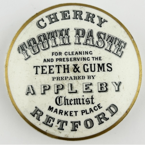 447 - RETFORD TOOTH PASTE POT LID WITH BASE. (APL p475, 52) 3.5ins diam. Black transfer with gold band bor... 