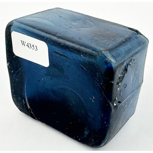 454 - UNEMBOSSED BLUE GLASS COTTAGE INK BOTTLE. 2.2ins tall. An extraordinary sheared lip, dark topaz glas... 