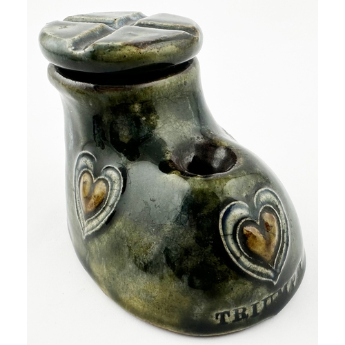 457 - ROYAL DOULTON ARTWARE BOOT INKWELL. 2.75ins tall. Green/ blue shiny glaze, heart shapes around body,... 