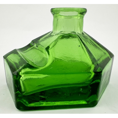 463 - HEXAGONAL INK BOTTLE. (Inks book p166, H20.9). 2.5ins tall. Vibrant emerald green glass, pen rest to... 