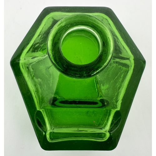 463 - HEXAGONAL INK BOTTLE. (Inks book p166, H20.9). 2.5ins tall. Vibrant emerald green glass, pen rest to... 