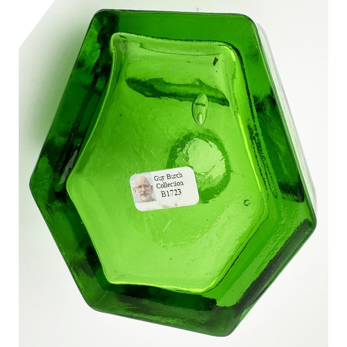 463 - HEXAGONAL INK BOTTLE. (Inks book p166, H20.9). 2.5ins tall. Vibrant emerald green glass, pen rest to... 