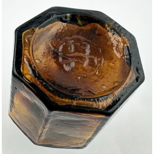 468 - AMBER OCTAGONAL INK BOTTLE WITH STRIATIONS. 2.25ins tall. An outstanding twist on a common octagonal... 