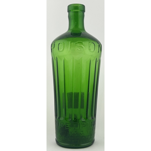 471 - TIPPERS POISON BOTTLE. (DP p42, BT3). 9ins tall. Bright apple green glass, vertically ribbed, emboss... 