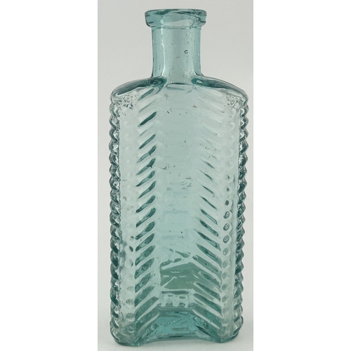 473 - FOULSTONS CRESCENT POISON BOTTLE. DP p57, SF1). 4.4ins tall. Aqua glass, heavily marked with dots & ... 