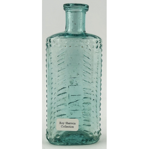 473 - FOULSTONS CRESCENT POISON BOTTLE. DP p57, SF1). 4.4ins tall. Aqua glass, heavily marked with dots & ... 