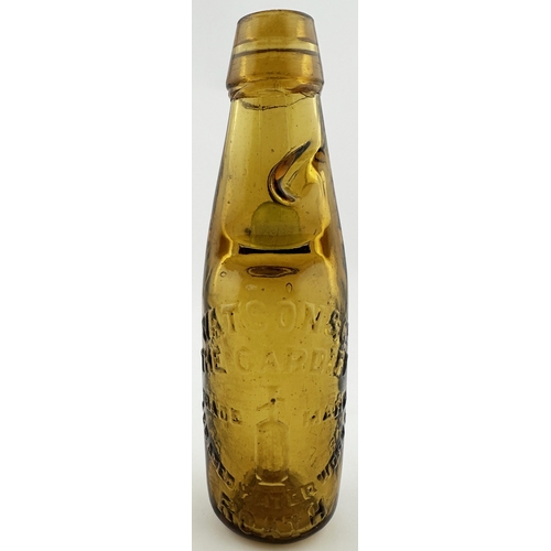 476 - ROATH AMBER CODD BOTTLE. 7.5ins tall. Embossed WATSON & CO/ THE CARDIFF/ AERATED WATER WORKS featuri... 