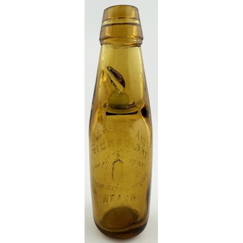 476 - ROATH AMBER CODD BOTTLE. 7.5ins tall. Embossed WATSON & CO/ THE CARDIFF/ AERATED WATER WORKS featuri... 