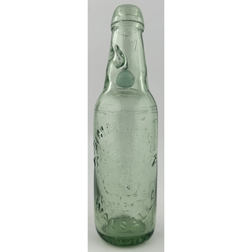 477 - WALSALL CODDS PATENT BOTTLE. 8.75ins tall. Aqua glass, long neck. A SIMMS & SON/ WALSALL. t.m to cen... 