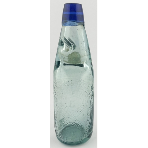 478 - BOLTON BLUE LIP CODD BOTTLE. 8.5ins tall. Aqua glass, heavily embossed J ECKERSLEY t.m. to centre. R... 