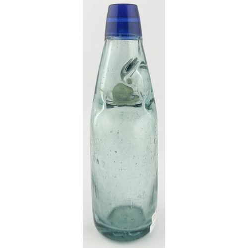 478 - BOLTON BLUE LIP CODD BOTTLE. 8.5ins tall. Aqua glass, heavily embossed J ECKERSLEY t.m. to centre. R... 