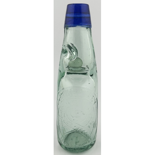 479 - BOLTON BLUE LIP CODD BOTTLE. 7.25ins tall. Aqua glass, heavily embossed J ECKERSLEY t.m. to centre w... 