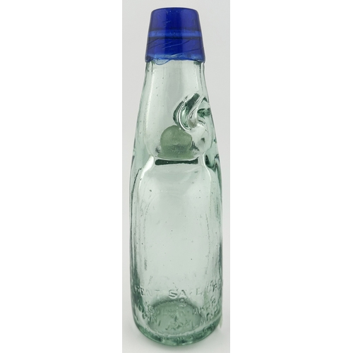 479 - BOLTON BLUE LIP CODD BOTTLE. 7.25ins tall. Aqua glass, heavily embossed J ECKERSLEY t.m. to centre w... 