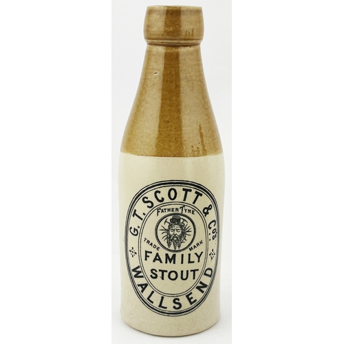 482 - WALLSEND GINGER BEER BOTTLE. ??ins tall. Ch, t.t., screw stopper. G. T. SCOTT & COS/ FAMILY STOUT/ W... 