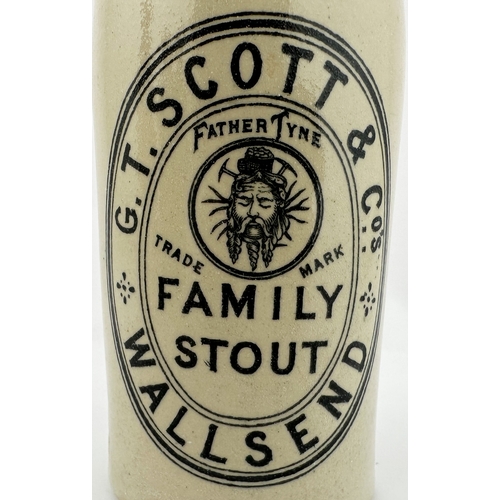 482 - WALLSEND GINGER BEER BOTTLE. ??ins tall. Ch, t.t., screw stopper. G. T. SCOTT & COS/ FAMILY STOUT/ W... 