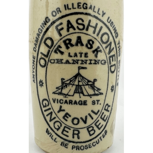 483 - YEOVIL GINGER BEER BOTTLE. ??ins tall. T.t, ch, black transfer. OLD FASHIONED/ TRASK/ LATE CHANNING/... 