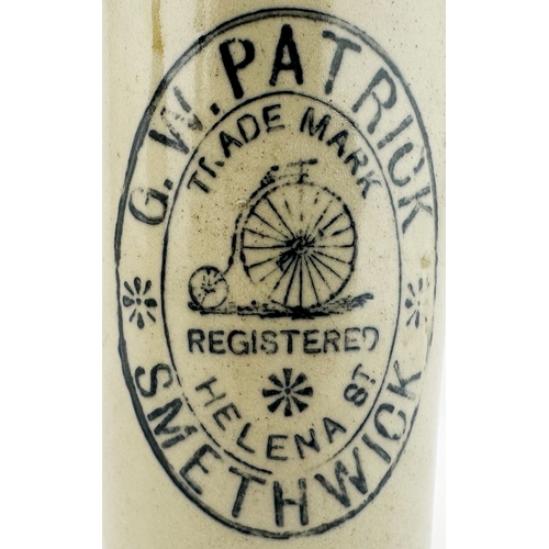 484 - SMETHWICK GINGER BEER BOTTLE. Std, t.t, blop lip. Black transfer, Registered penny farthing bicycle ... 